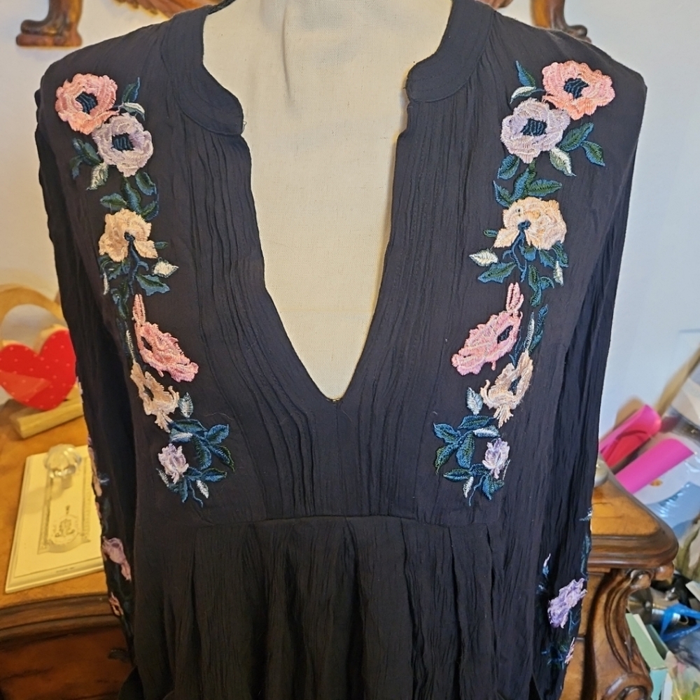 Free People Size Small Black Mini Dress with Floral Embroidery - Picture 2 of 5